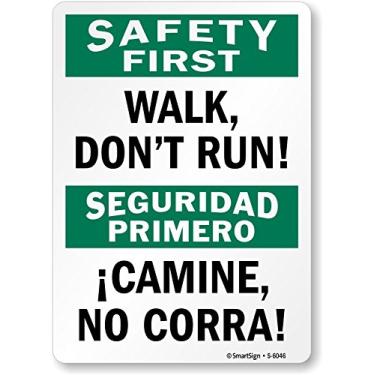 Imagem de SmartSign Etiqueta bilíngue "Safety First - Walk, Don't Run!" | Vinil laminado de 17,8 cm x 25,4 cm