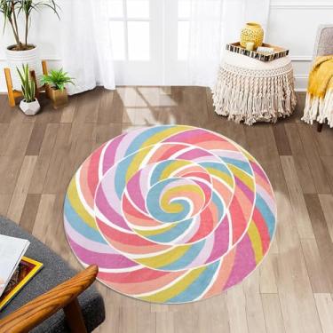 Imagem de Lacomfy Tapete Infantil Rosa Arco-íris e Pirulitos, 31.5 Polegadas (Diâmetro), Lavável, Leve, Redondo, Tapete de Berçário e Sala de Jogos