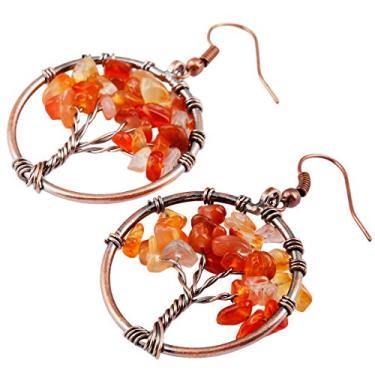Imagem de Nupuyai Brincos pendentes de árvore da vida, brincos de gancho com pedras causadas para mulheres Vermelho