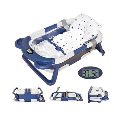 Imagem de Banheira Infantil Portátil Dobrável Com Termômetro Bebê Nenê Recém-nascido para viagem (quando fechada fica compacta) AZUL ESCURO + ALMOFADA