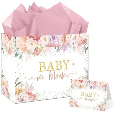 Imagem de Bolsa de presente grande floral para bebês em flor, com papel de seda e cartão com envelope para presentes de meninas, aniversário infantil – Papel de embrulho rosa para chá de bebê para decorações de