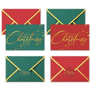 Imagem de Whaline Pacote com 24 cartões de felicitações Feliz Natal folha de ouro vermelho verde cartão de notas em branco com envelope adesivo de selo correspondente para suprimentos de festa de Natal,