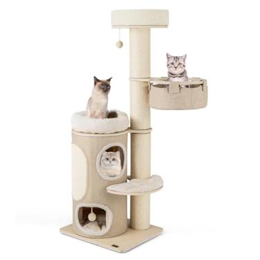 Imagem de PETSITE Torre de árvore para gatos de 155 cm, torre de madeira para gatos de vários níveis com postes e placa de sisal, condomínio de 2 andares, 2 poleiros, cesta lateral e bola de sisal interativa