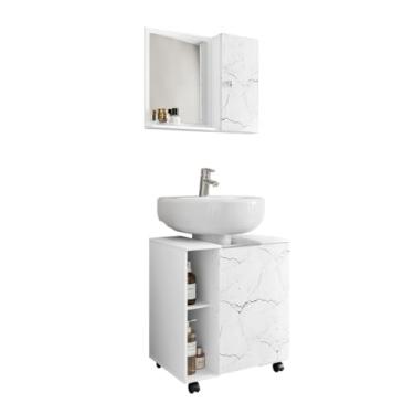 Imagem de Armário Para Banheiro Kit Completo Gabinete Para Pia De Coluna Com Rodízios Pequin E Armario Espelheira Gênova (Branco/Carrara)