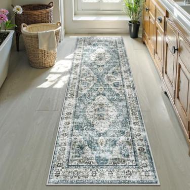 Imagem de Uphome Tapete de Banheiro Azul Tribal Envelhecido, Tapete de Banho Antiderrapante Lavável, 24 x 71 Polegadas, Boêmio Oriental Retrô