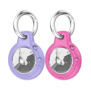 Imagem de Capa de AirTag à prova d'água com chaveiro, capa rígida de policarbonato + TPU à prova de choque e resistente a arranhões para Apple Air Tags, acessórios para rastreador de itens GPS (Rosa e Lilas)