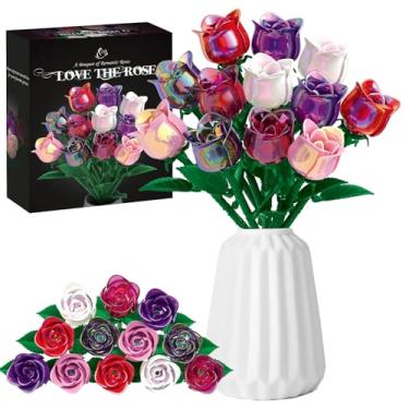 Imagem de Conjunto de montar buquê de flores de rosas coloridas, planta artificial de coleção botânica compatível com Lego, decoração de casa, aniversário, dia das mães para ela, adulto