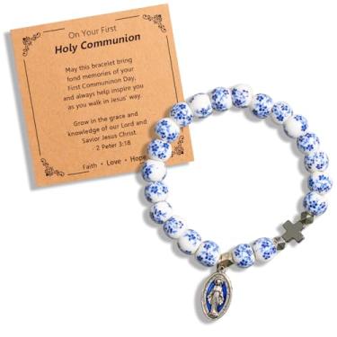Imagem de QqzsJewls Pulseira de rosário com contas de cruz para adolescentes e mulheres, presentes cristãos para mãe, filha, tia, sobrinha, avó, neta, madrinha, afilhada, First Communion 5.5-6.5", Sem Pedra