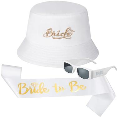 Imagem de Shyyween 3 Pack Bachelorette Party Embroidered White Bride Bucket Hat Sunglasses Bride to Be Sash, Bachelorette Party Sunnies, Engagement Gift, Bridal Shower Accessory, Bridesmaid Favors