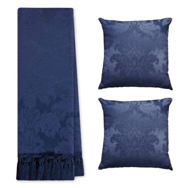 Imagem de Jogo Manta Xale para Sofá e Cama Artesanal Grande 2,80 x 2,50 com 2 Almofadas Cheias (131 AZUL MARINHO)