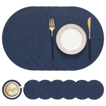 Imagem de Homing Jogo americano redondo de couro sintético e porta-copos conjunto com 6 – tapetes laváveis e resistentes ao calor, tapetes de mesa dupla face limpáveis para ambientes internos e externos,