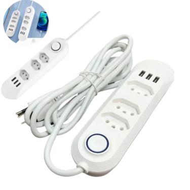 Imagem de Extensão Tripolar De 3 Tomadas 3Usb Botão Led Cabo Grosso 2M