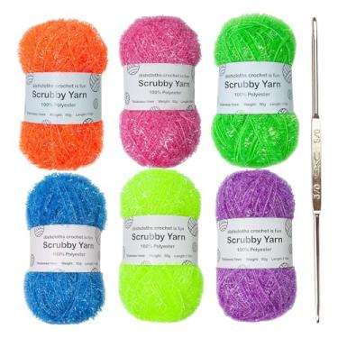 Imagem de Fio Scrubby para crochê, pacote com 6, 50 g, 1 mm, cores sortidas, fio de poliéster para crochê, panos de prato e projetos de tricô