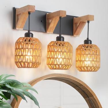 Imagem de HapCamp Luminárias De Banheiro Com 3 Luzes, Arandela Parede Rústica Vime Estilo Rattan Abajur Boho Feito À Mão Em Bambu, Suporte Madeira Fazenda, Adequada Para Escada, Quarto E Corredor