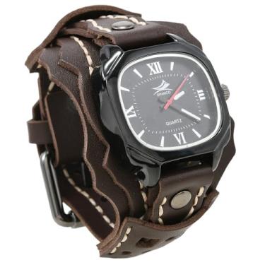 Imagem de MINILUJIA Relógios masculinos feitos à mão com corda de cera costurada vintage punk hip-hop gótico largo couro macio genuíno relógio de pulso personalizado mostrador quadrado bronze, cor cololada