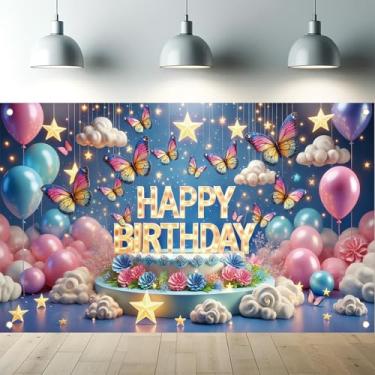Imagem de Starlit Patio Pano de fundo de aniversário de borboleta, 188 x 109 cm, decoração de festa de conto de fadas, faixa de aniversário, estrelas, balões de flores, céu noturno de sonho, fundo fotográfico