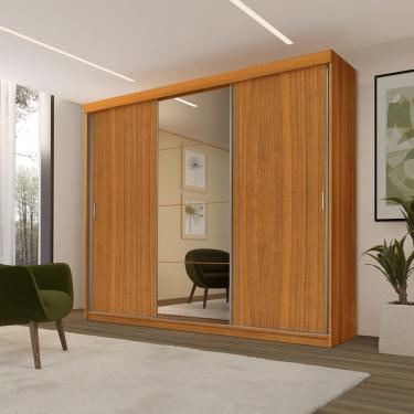 Imagem de Roupeiro Casal Luxo Imola 100% Mdf 3 Portas de Correr 5 Gavetas Trilhos em Alumínio C/ Espelho - Luapa - Freijó
