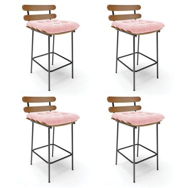 Imagem de Kit 04 Banquetas Costela Suede Rosa Bebê Base Metálica Preto