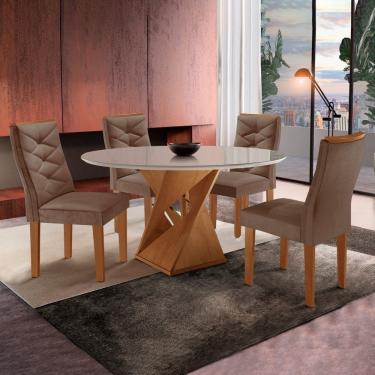 Imagem de Conjunto Sala De Jantar Mesa Tampo Redondo Plus Vidro 100cm Com 4 Cadeiras Barcelona Cel Móveis Cinamomo/off
