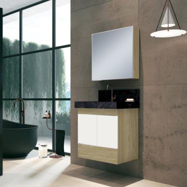 Imagem de Conjunto Para Banheiro Com Espelheira, Gabinete, Lavatório Em Porcelanato Com Cuba Esculpida Bumi Wood/branco/preto