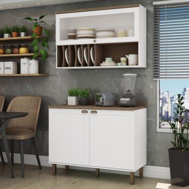 Imagem de Cozinha Compacta 2 Peças 3 Portas Balcão 120cm Tampo Mdf Iluminata Genialflex Branco/ébano