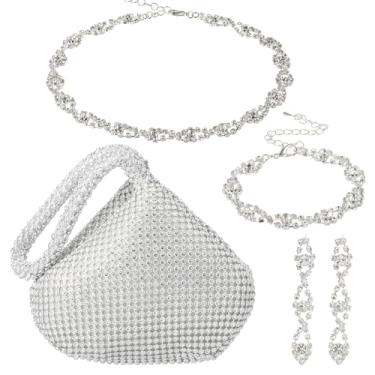 Imagem de DTGN Kit de bolsas noturnas brilhantes de strass com colar e pulseira - Conjunto de joias femininas para festa de casamento dos anos 20 - Prata, Small (6), Poliéster