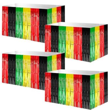 Imagem de Windkream Pacote com 4 saias de mesa com franjas metálicas para mesas retangulares e redondas, faixa de saia de mesa descartável para festa de 267 x 73 cm para festa do mês da história negra