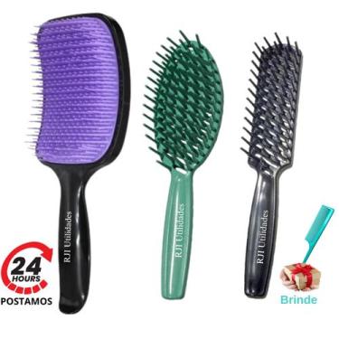 Imagem de Kit Escova Cabelo Raquete Cerda Flexível Finalizar + 2 Raquetes Vazada