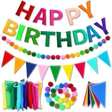 Imagem de Faixa pré-amarrada de feliz aniversário, guirlanda de bola de feltro, galhardete feliz aniversário, bandeiras triangulares multicoloridas