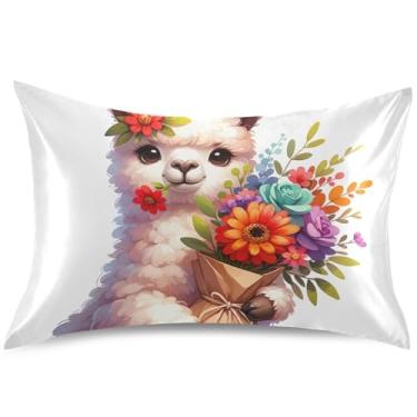 Imagem de Lindas fronhas de travesseiro de cetim floral de lhama para refrescar travesseiros padrão queen king fronha para decoração de cama, tamanho Queen, 76 cm x 50 cm