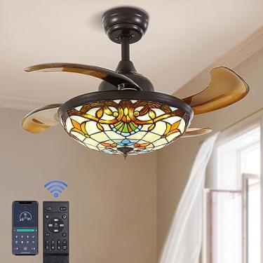 Imagem de APBEAMLighting Ventilador de teto estilo Tiffany de 91,44 cm com luzes, luminária de lustre regulável com 4 lâminas retráteis reversas, terno de vitral vintage para sala de estar no quarto