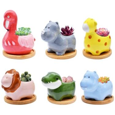 Imagem de Pacote com 6 vasos de cerâmica para suculentas com drenagem – Mini vasos de selva com bandejas de bambu para plantas de interior e cactos, vasos de flores fofos para mesa, escritório, decoração de
