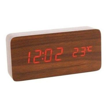 Imagem de Relógio Despertador Digital em Madeira, Display LED, Controle por Som, 15 x 7 x 4 cm, Temperatura e Data
