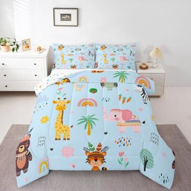 Imagem de Erosebridal Jogo de cama solteiro com estampa de animais de zoológico, fofo animal de desenho animado para meninas e meninos, edredom azul e flor arco-íris, zebra, girafa, elefante, decoração de