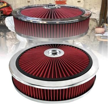 Imagem de RYANSTAR RACING Kit de montagem de filtro de purificador de ar redondo de 35,5 cm x 7,6 cm inclui elemento de filtro de ar lavável com tampa Flow-Thru compatível com Chevy Ford GMC Red