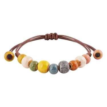 Imagem de MINACHI Pulseira de couro ajustável com contas de cerâmica coloridas boêmias, boêmio, hippie, joia de verão, presente para mulheres, 8 inches, Cerâmica, Sem Pedra Preciosa