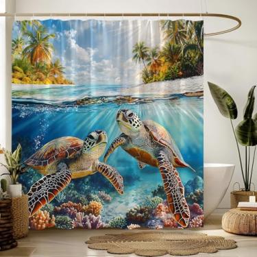 Imagem de AEMBEE Cortina de chuveiro tartaruga oceano tropical submarino coral praia subaquática tecido náutico decorativo cortinas de banheiro com ganchos, azul verde