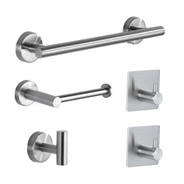 Imagem de Conjunto de Toalheiros de Aço Inoxidável - Suporte de Papel de Parede com Ganchos para Banheiro, Quarto e Cozinha | Kit de 4 Peças, Cinza Claro