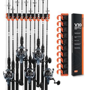 Imagem de KastKing Suporte de vara de pesca V10 com aderência de pivô – Suporte de vara de parede ajustável, com economia de espaço, 10 ganchos de aço revestidos com polímero, sistema de armazenamento