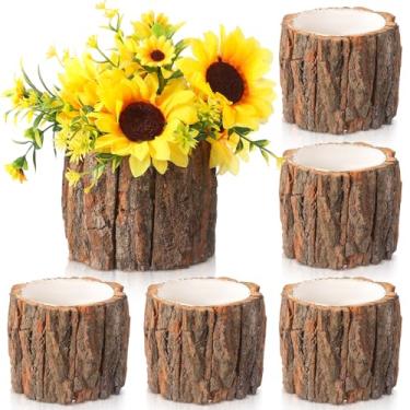 Imagem de RimCereal 6 peças de vaso de flores de madeira rústico baldes de toco de casca vintage vasos de madeira para plantas reais flores artificiais para mesa centro de mesa, decoração de arte de casa de