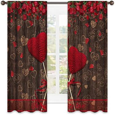 Imagem de Cortina de isolamento térmico para o dia dos namorados, madeira antiga coração rosa vermelha, tecido impermeável, cortinas blackout com absorção de som para decoração de sala de jantar/festa, L 250 x