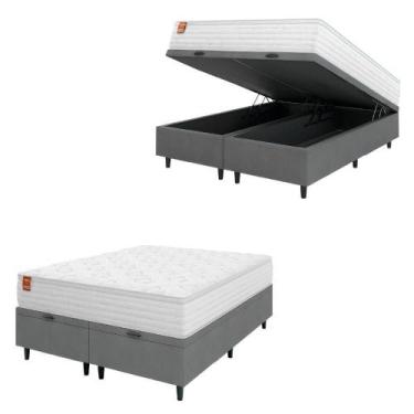 Imagem de Cama Box Baú Colchão Casal King Molas Ensacadas Real Branco / Cinza In