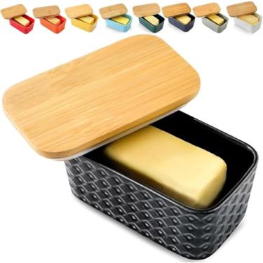 Imagem de Hasense Manteigueira De Cerâmica Com Tampa, Recipiente Grande Preto Para Bancada, Hermético, Padrão Em Relevo, Fácil Limpar, Lavável Na Máquina Lavar Louças