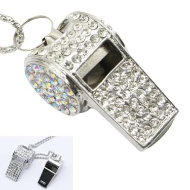 Imagem de QUJIFETU Apito, apito brilhante, apito de strass de cristal de metal com chaveiro para treinador/árbitro/treinamento/salva-vidas/professores (prata)