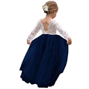 Imagem de Topmaker Vestido florista para meninas, vestido de tule de renda para casamento, festa de aniversário, sessão de fotos, ocasião especial, Manga azul marinho, 2-3 Anos