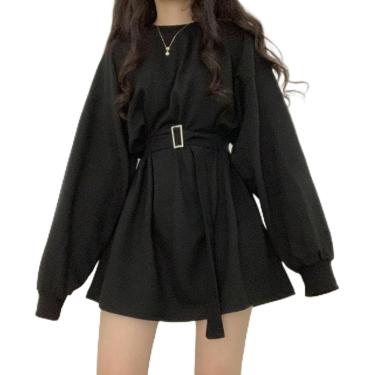 Imagem de Vestido De Manga Longa Para Mulheres Sólido Harajuku Retro Cintura Alta Casual Streetwear Moda De Outono Faixas Slim Estilo Coreano Aconchegante Linha A, Black, XL