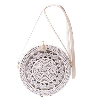 Imagem de SHAREYOIU Bolsas brancas feitas à mão com ombros de vime, natural, chique, estilo tropical de praia com alça de couro, Oco, Big，7.87x 3.2 inch