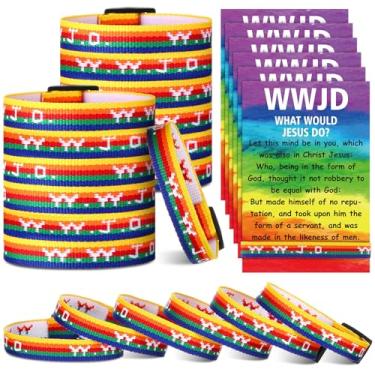 Imagem de Cunno 24 conjuntos/48 peças pulseiras WWJD com cartões de versículo da Bíblia, Philippians 2: 5-7 What Would Jesus Do Pulseira tecida cristã ajustável arco-íris presente religioso para grupo da igreja