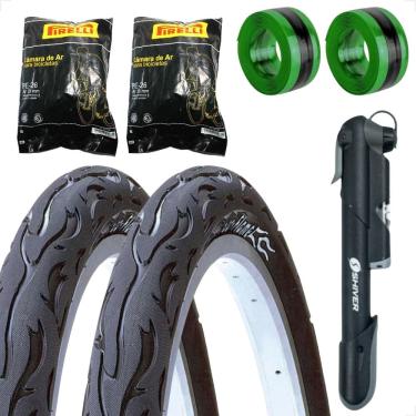 Imagem de PAR Pneu Bicicleta Kenda Flame Balão Aro 26 x 2.125 Liso Fogo PAR Camara Pirelli Boma Fita anti furo