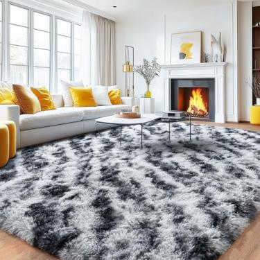 Imagem de Quntue Tapetes de área grande, 22,5 x 30,5 cm, tapete cinza felpudo ultra fofo para quarto, tapete cinza antiderrapante para decoração de quarto de crianças, meninas e meninos, tingido preto e cinza